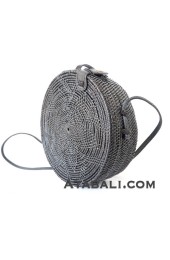 Ata Rattan round flower pattern handwoven bag in black